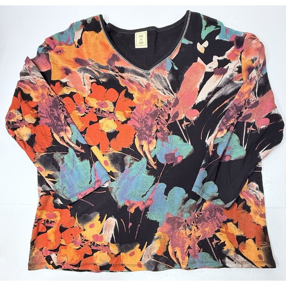 Jess & Jane Floral Top Colorful Abstract 3/4 Sleeve XL/XXL Painted Grannycore